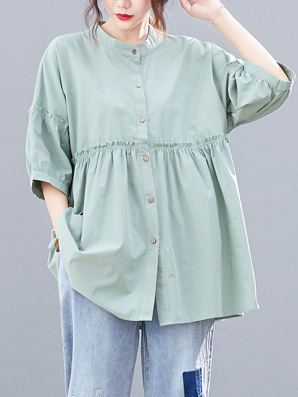 flowersverse Artistic Retro Loose Half Sleeves Pleated Falbala Split-Joint Solid Color Blouses