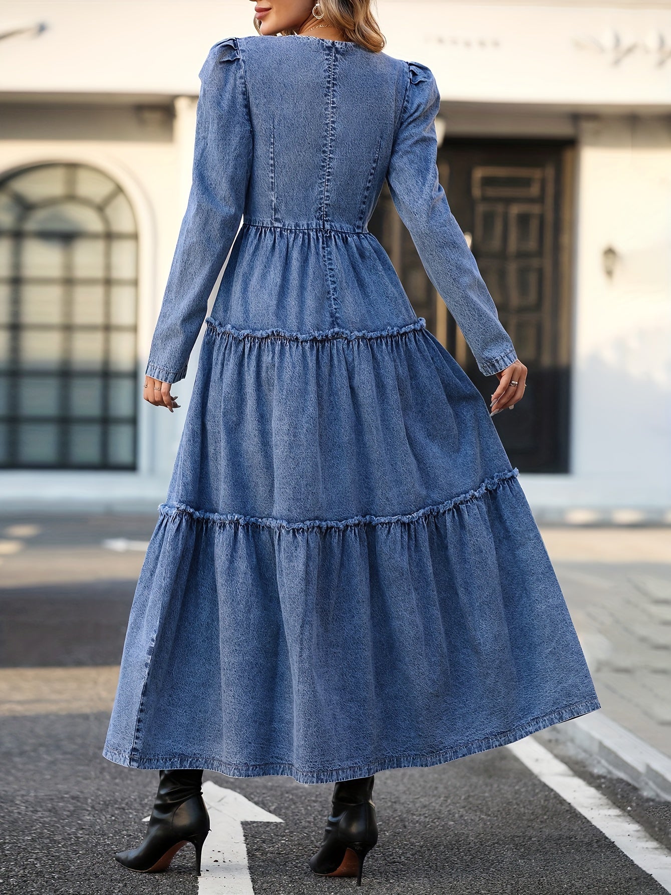 flowersverse Long Sleeves Layered Denim Dress DE8080