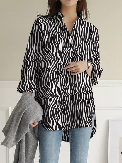 flowersverse Buttoned Pockets Split-Side Zebra-Stripe High-Low Long Sleeves Lapel Blouses&Shirts Tops