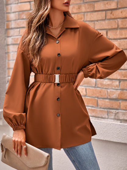 flowersverse Belted Solid Color Loose Lapel Shirts Tops Blouses&shirts Tops