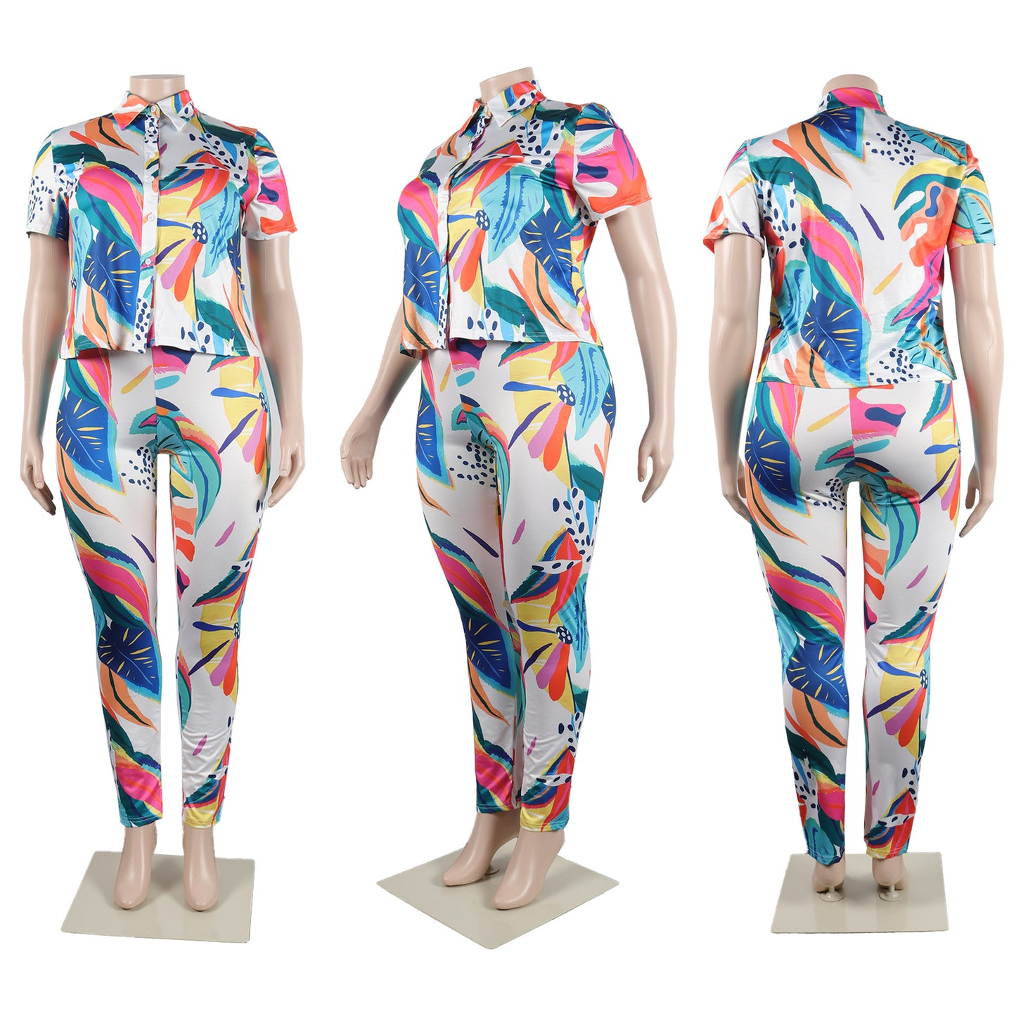 flowersverse Sexy Print Plus Size Slim Fit Print Short Sleeve Two Piece Pants Set