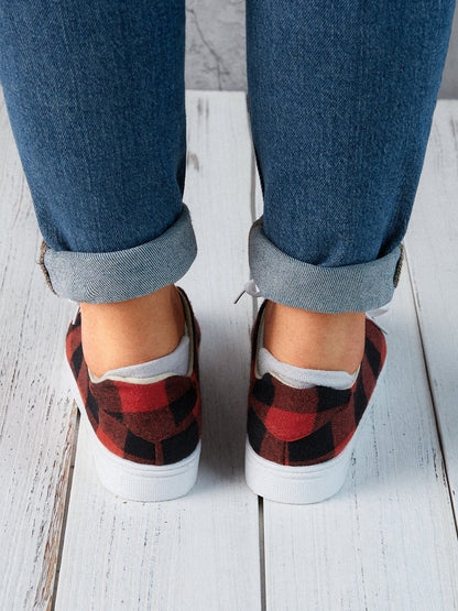 flowersverse Christmas Red Plaid Black And White Plaid Leopard Casual Flat Shoes Xmas Flats