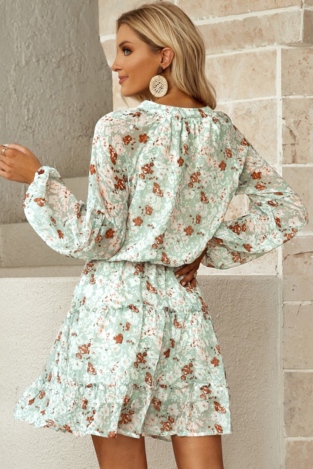 flowersverse Floral Frill Trim Puff Sleeve Notched Neck Dress