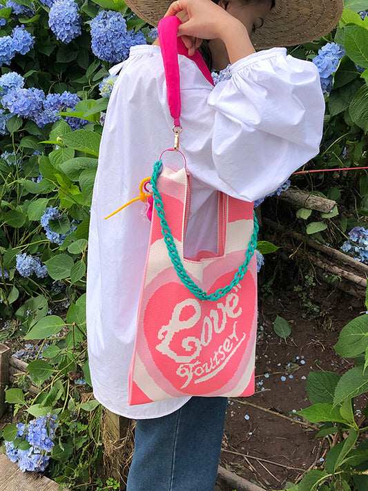 flowersverse Chains Contrast Color Heart Print Woven Handbags Bags