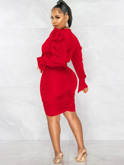 flowersverse Long Sleeve V Neck Ruched Bodycon Midi Dresses