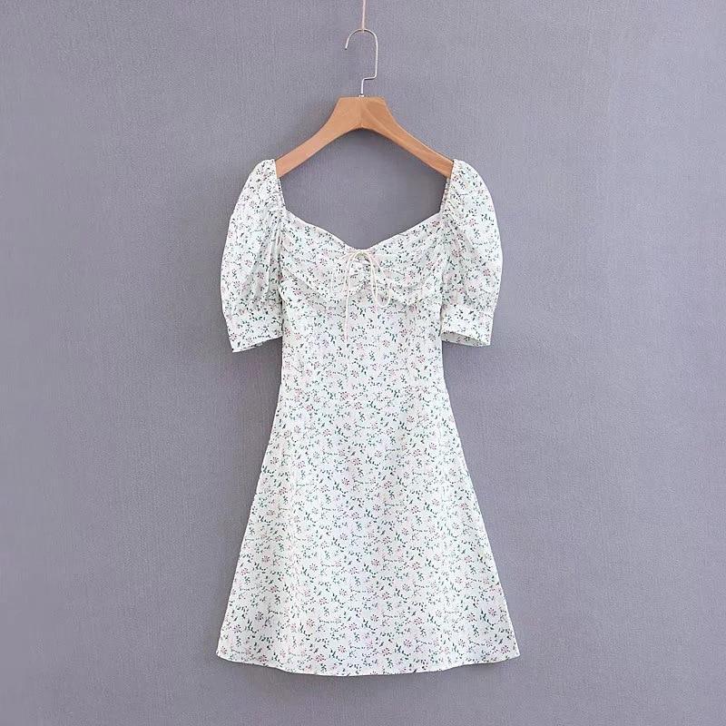 flowersverse Summer Dress Retro Boho Women Tie Neck Floral Print Floral Mini Sexy White Dress Elegant Puff Sleeve Dresses Korean Vestidos