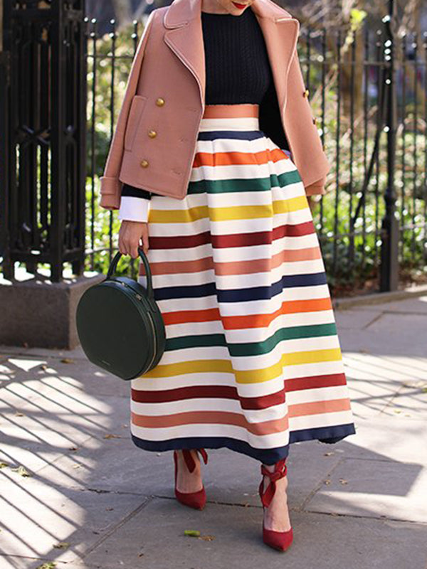 flowersverse High Waisted Contrast Color Striped Skirts Bottoms