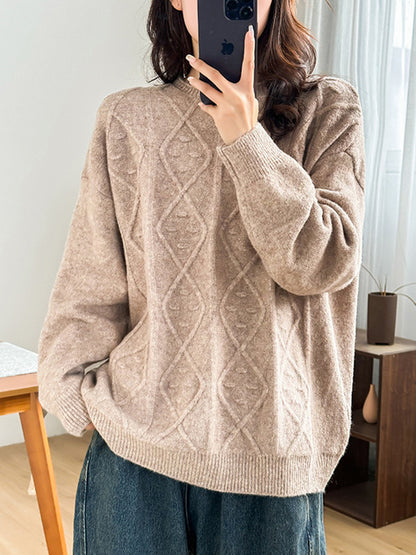 flowersverse Simple Loose Long Sleeves Jacquard Solid Color Round-Neck Sweater Tops