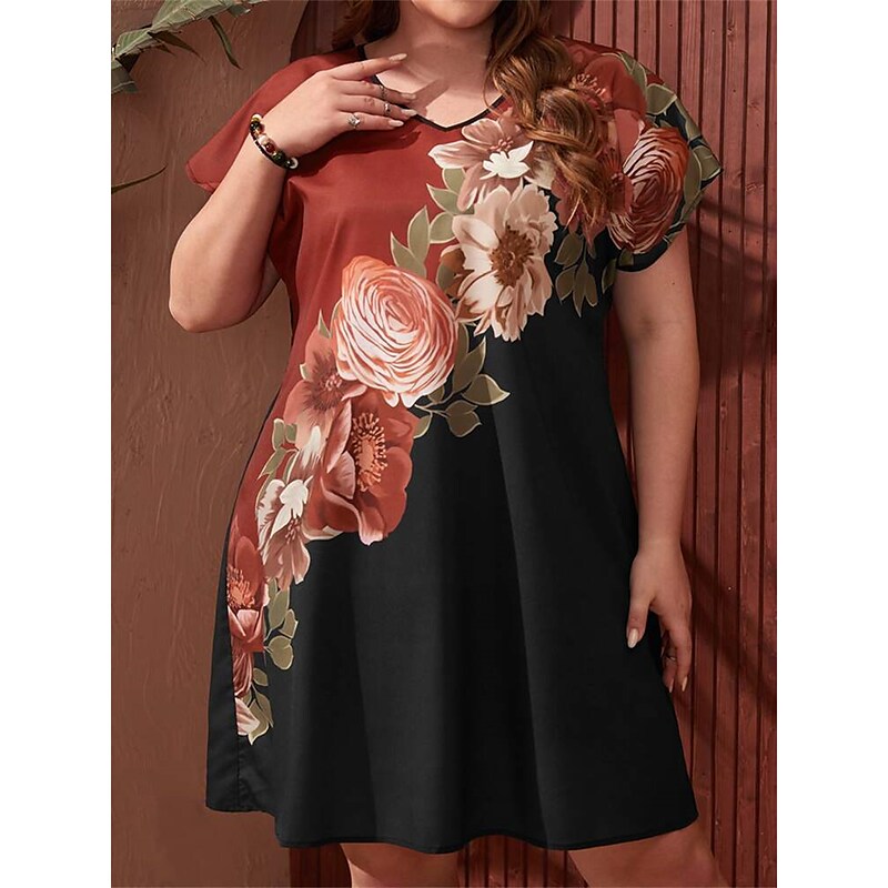 flowersverse Women's Plus Size Casual Dress A Line Dress Floral Midi Dress Short Sleeve Print V Neck Fashion Outdoor Black Spring Summer L XL XXL 3XL 4XL