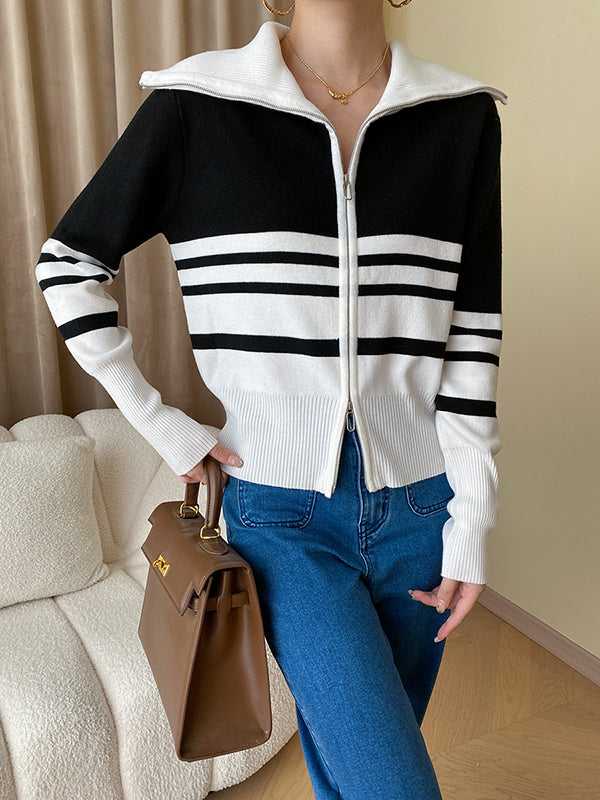 flowersverse Contrast Color Striped Zipper Long Sleeves Loose Lapel Cardigan Tops