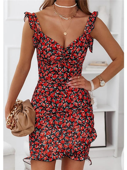 flowersverse Women's Bodycon Sheath Dress Mini Dress Black Red Khaki Sleeveless Floral Ruffle Spring Summer V Neck Stylish Loose Fit  S M L XL