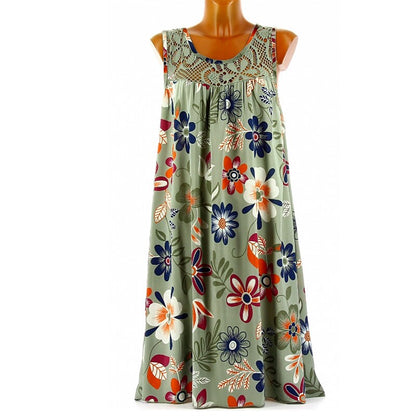 flowersverse Women's Plus Size Curve A Line Dress Floral Round Neck Lace Sleeveless Spring Summer Casual Knee Length Dress Causal Daily Dress / Print