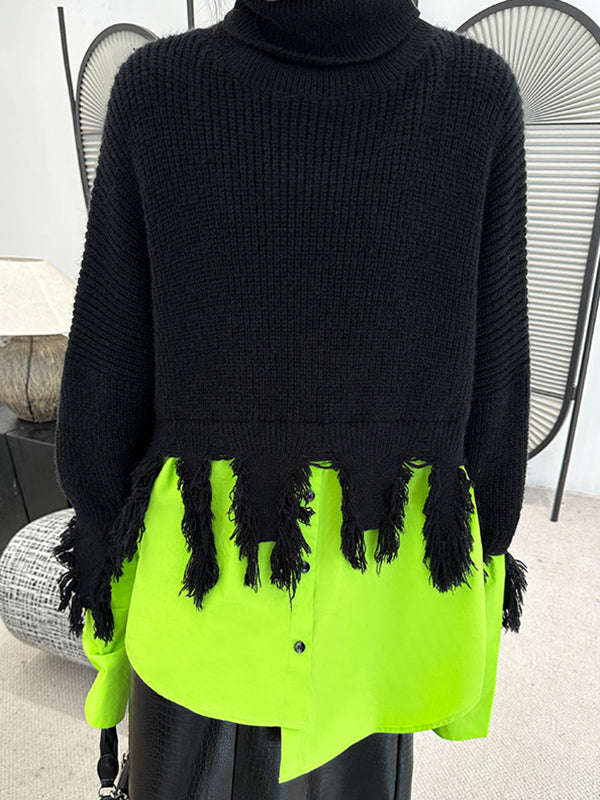 flowersverse Asymmetric Fringed Split-Joint A-Line Long Sleeves High Neck Sweater Tops Pullovers Knitwear