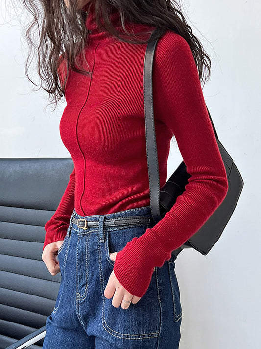 flowersverse Solid Color Long Sleeves Skinny High Neck Sweater Tops Pullovers