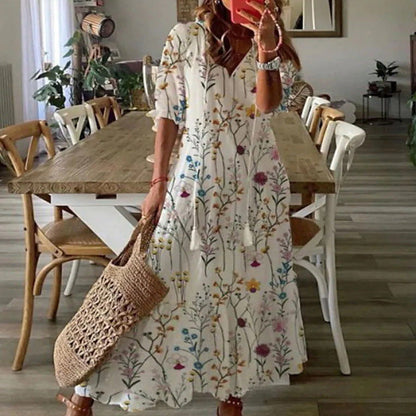 flowersverse Casual And Sweet Loose V-neck Printed Tassel Mid-sleeve Long Dress For Women