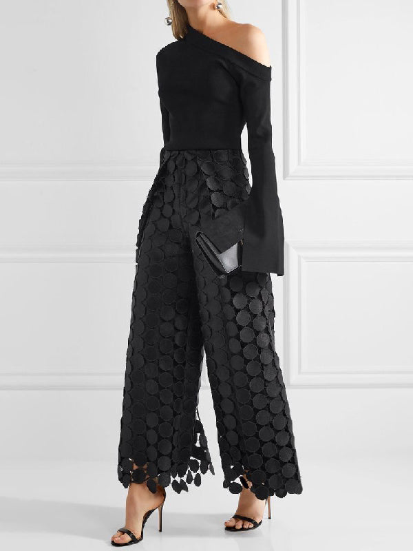 flowersverse High Waisted Wide Leg Hollow Polka Dot Solid Color Pants Trousers