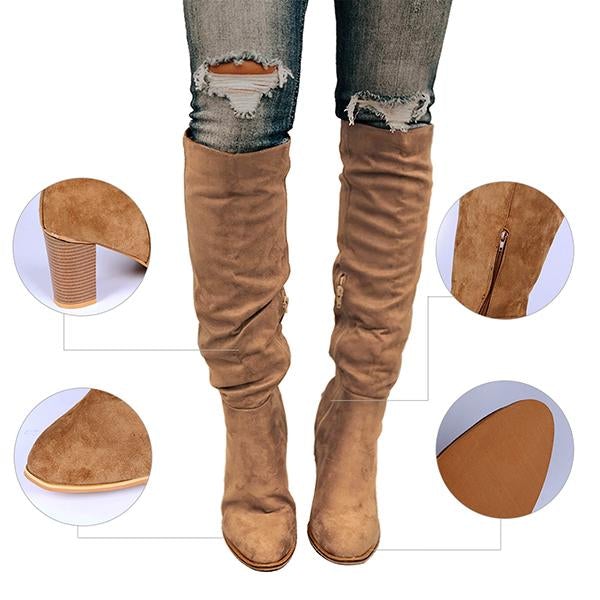 flowersverse Winter Women Boots Solid Square Knee-High With Heels Ladies Boots