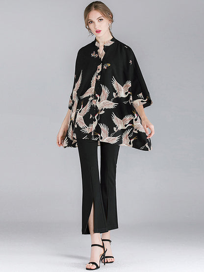 flowersverse Original Crane Printed Buttoned Stand Collar Half Sleeves Blouse