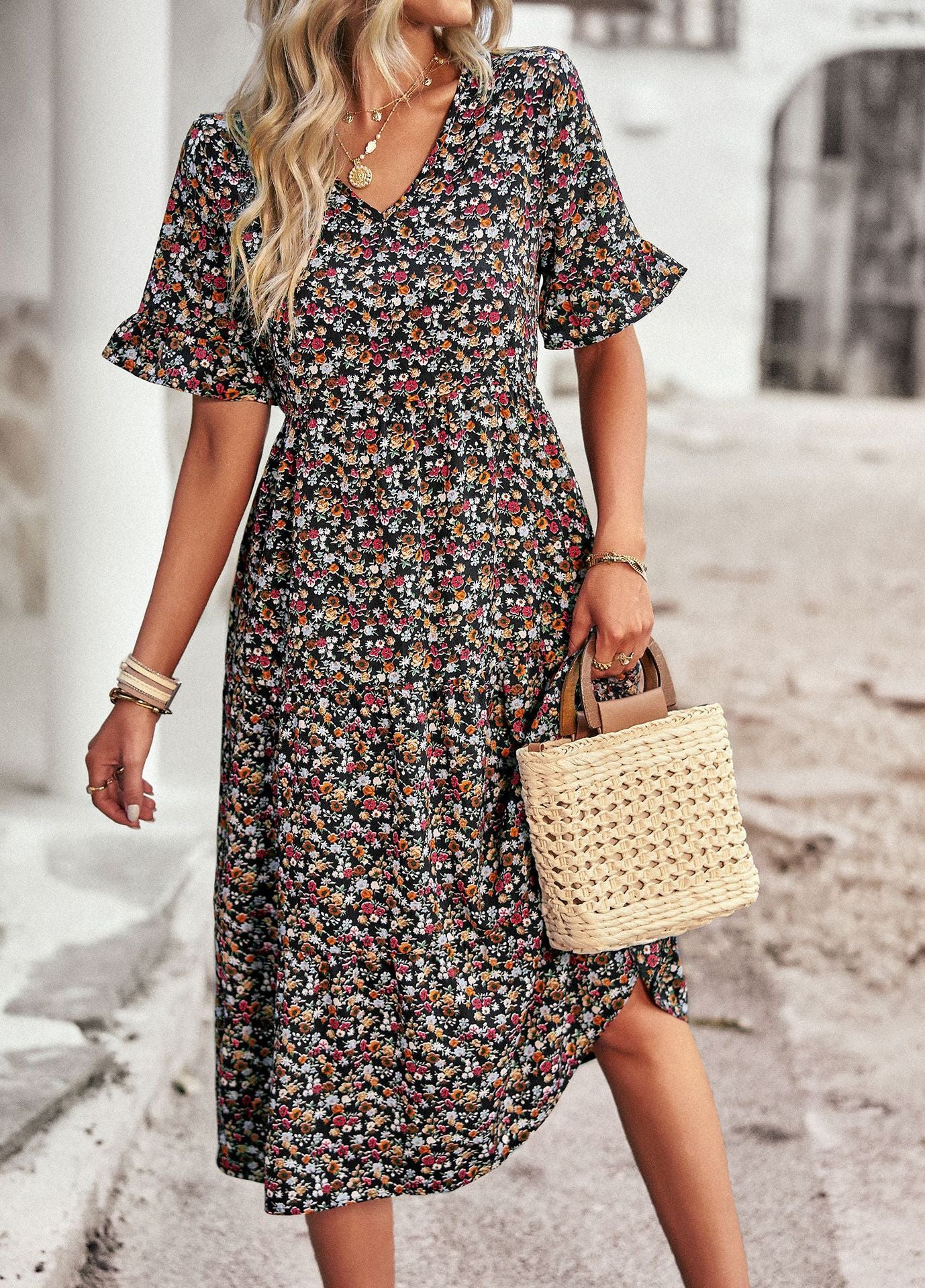 flowersverse Black Short Sleeve Casual Weaving Dress Flower dress