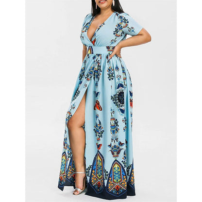 flowersverse Women's Plus Size Casual Dress A Line Dress Floral Butterfly Long Dress Maxi Dress Short Sleeve Split Print V Neck Basic Daily Black White Spring Summer XL XXL 3XL 4XL 5XL