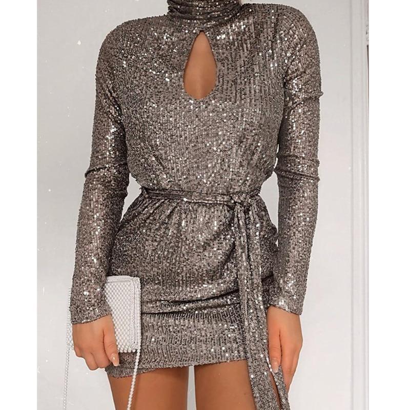 flowersverse Women Sequined Keyhole Tie Waist Dress Club Wear Party Mini Dress Asymmetric Sexy Bodycon Mini Vestidos