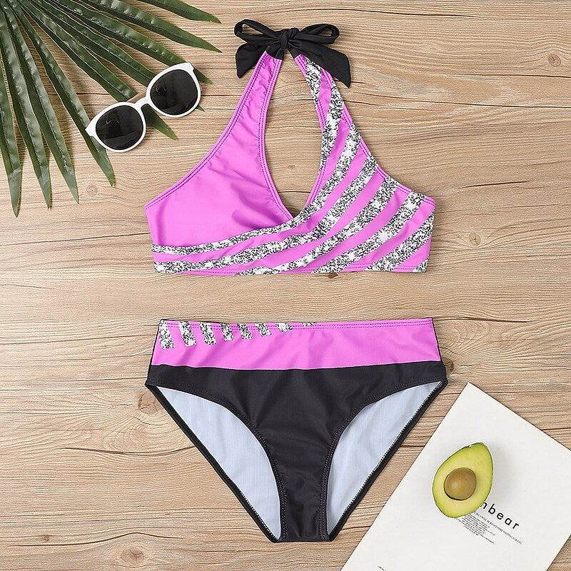 flowersverse Women's Swimwear Bikini Plus Size Swimsuit 2 Piece Striped Black Burgundy Blue Lavender Purple Bandeau Bathing Suits Sports Summer