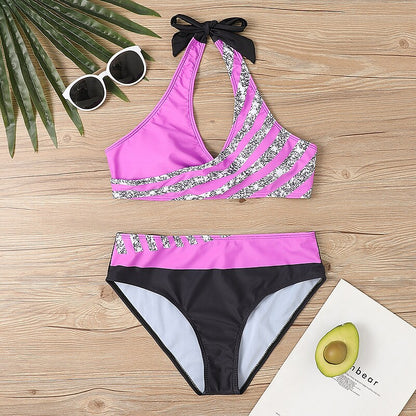 flowersverse Women's Swimwear Bikini Plus Size Swimsuit 2 Piece Striped Black Burgundy Blue Lavender Purple Bandeau Bathing Suits Sports Summer