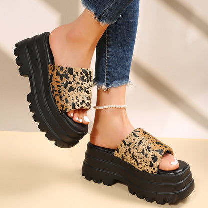 flowersverse Summer Cow Print Peep Toe Slipper High Heel Flat Sandals