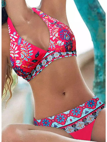 flowersverse Women's Swimwear Bikini Normal Swimsuit 2 Piece Printing Floral Geometic Black Red Blue Rose Red Bathing Suits Sports Beach Wear Summer