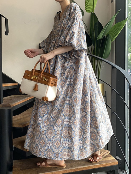 flowersverse Vintage Floral Printed V-Neck Pleated Puff Sleeves Midi Dress