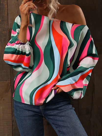 flowersverse Asymmetric Printed Long Sleeves Loose One-Shoulder Blouses&Shirts Tops