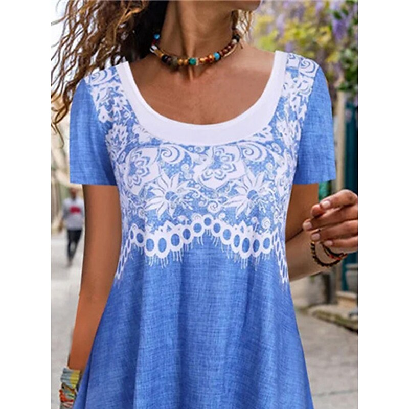 flowersverse Women's Casual Dress Summer Dress Print Dress Floral Fake two piece Print Crew Neck Midi Dress Active Fashion Outdoor Daily Short Sleeve Loose Fit Blue Spring Summer S M L XL XXL