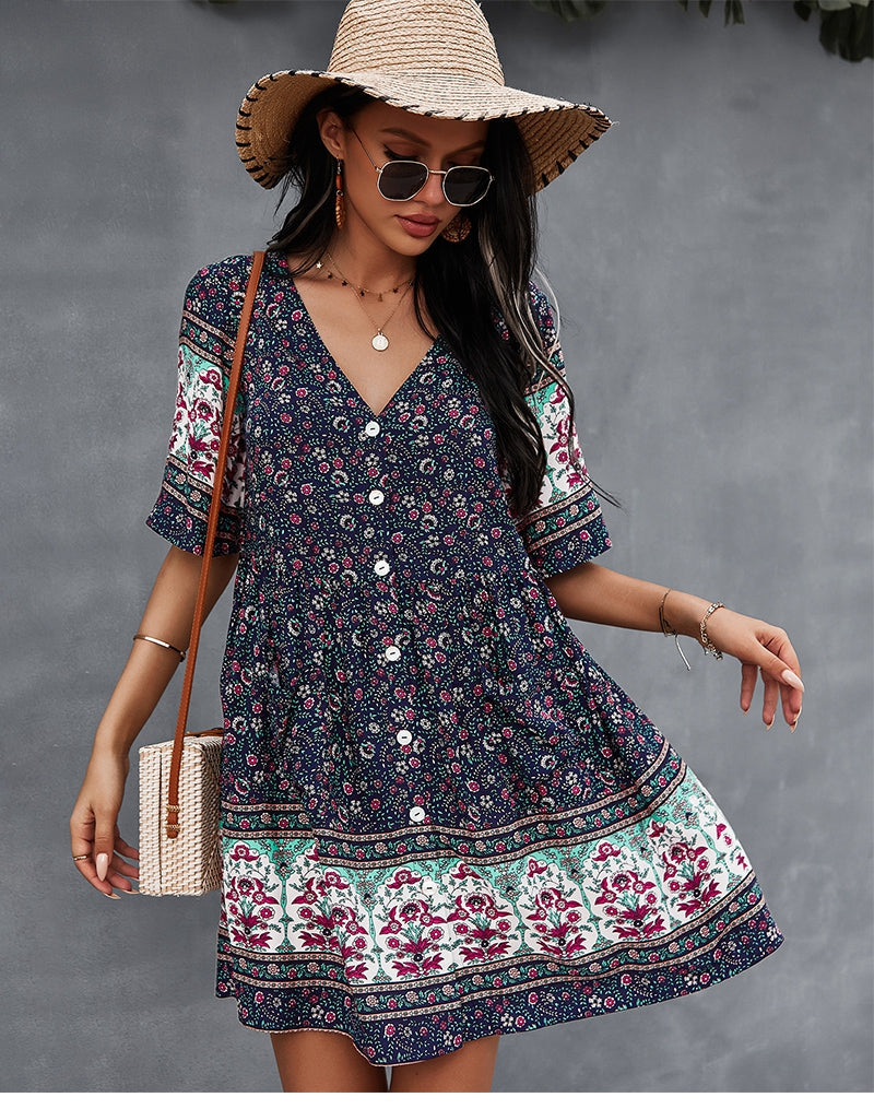 flowersverse Floral Print Summer Short Dress Women Casual V Neck Bohemian Short Sleeve Dress For Woman Fashion Sexy Spring Dress