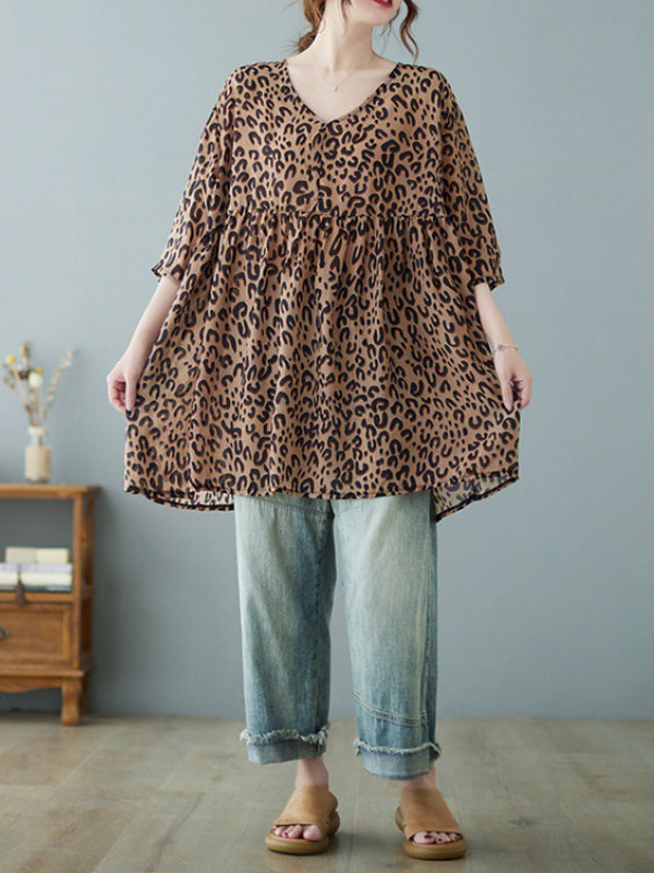 flowersverse Leopard Half Sleeves Loose V-neck T-Shirts Tops Blouses&shirts Tops