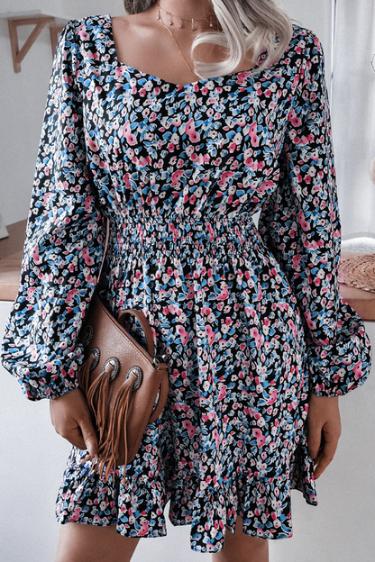 flowersverse Floral Chiffon Ruffle Lantern Sleeve Dress