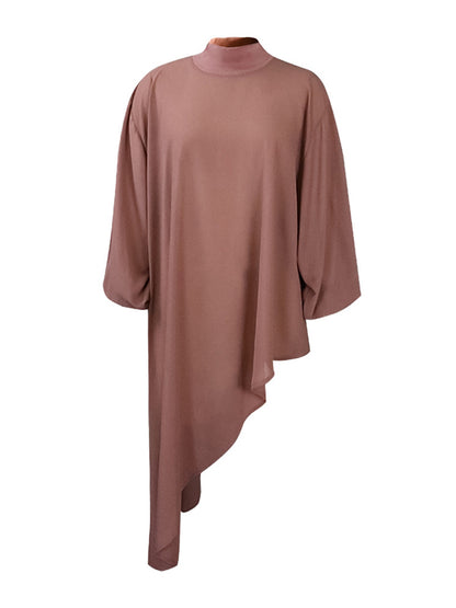 flowersverse Loose See-Through Long Sleeves Asymmetric Solid Color High-Neck T-Shirts Tops