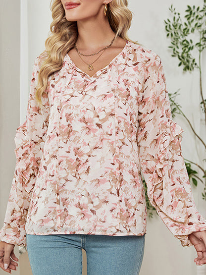 flowersverse Flower Print Tied Long Sleeves Loose V-Neck Blouses&Shirts Tops