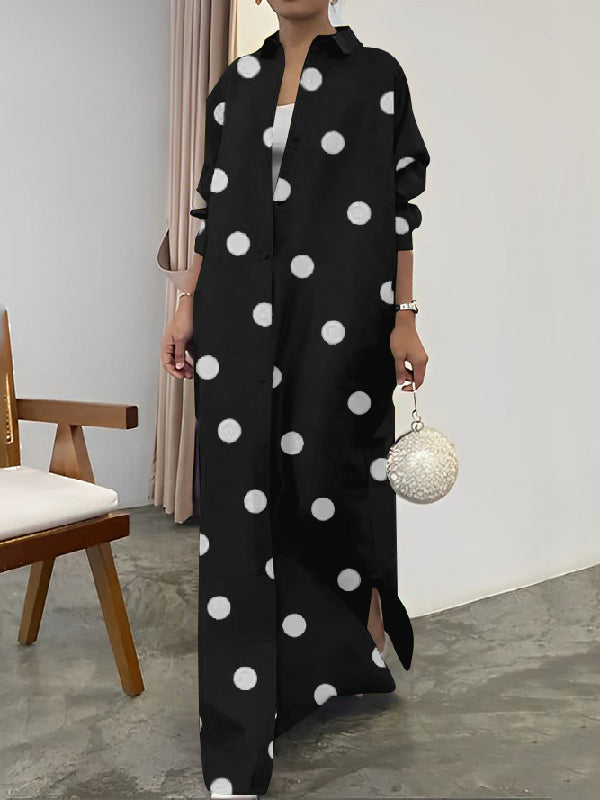 flowersverse Long Sleeves Loose Polka-Dot Split-Front Split-Side Lapel Maxi Dresses