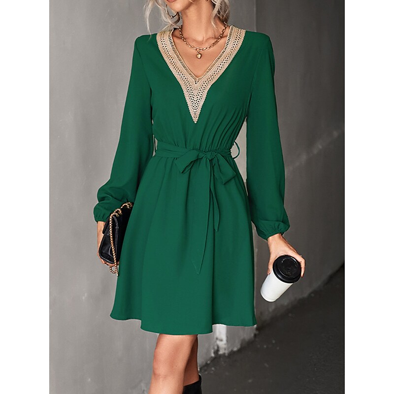 flowersverse Women's Work Dress Black Dress Semi Formal Dress Fashion Mini Dress Lace V Neck Long Sleeve Color Block Loose Fit Black Dark Green Fall Spring S M L XL