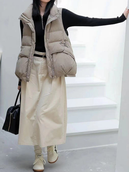 flowersverse Loose Sleeveless Pleated Split-Joint Zipper Stand Collar Down Coat Padded Vest