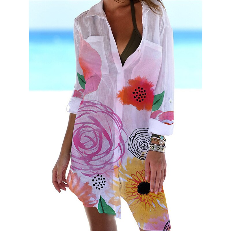 flowersverse Women's Shirt Dress Cover Up Beach Wear Mini Dress Print Fashion Casual Floral V Neck Long Sleeve Loose Fit Outdoor Daily Black White  Spring Summer S M L XL