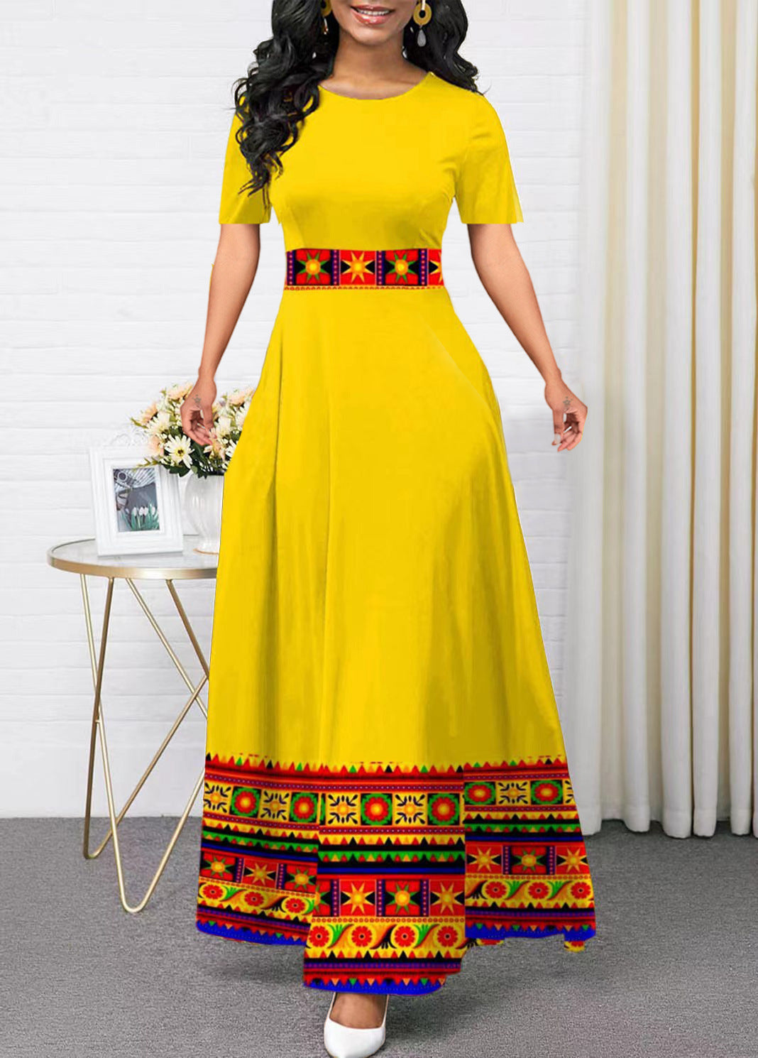 flowersverse Round Neck High Waist Contrast Color Plus Size Patchwork Swing Dress