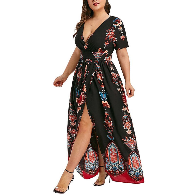 flowersverse Women's Plus Size Casual Dress A Line Dress Floral Butterfly Long Dress Maxi Dress Short Sleeve Split Print V Neck Basic Daily Black White Spring Summer XL XXL 3XL 4XL 5XL