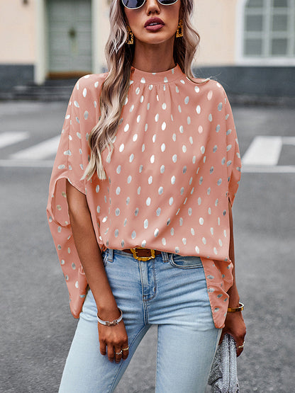 flowersverse Bandage Polka Dot Loose Round-Neck Blouses&Shirts Tops