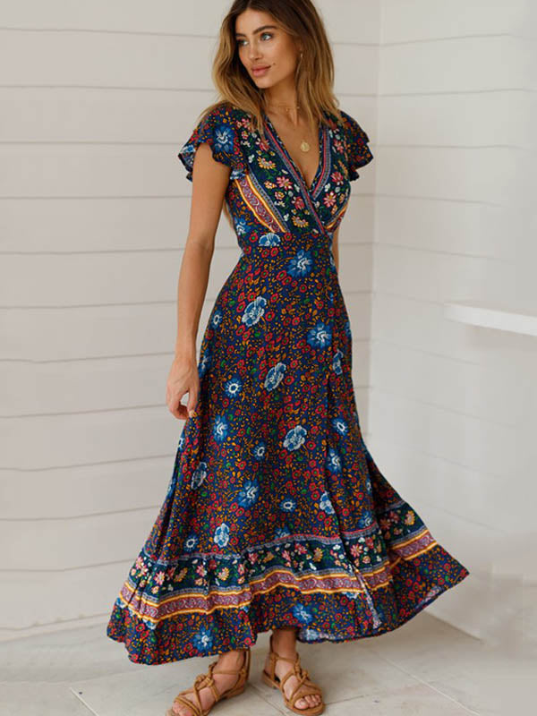 flowersverse Bohemian Floral Wrap Maxi Dress