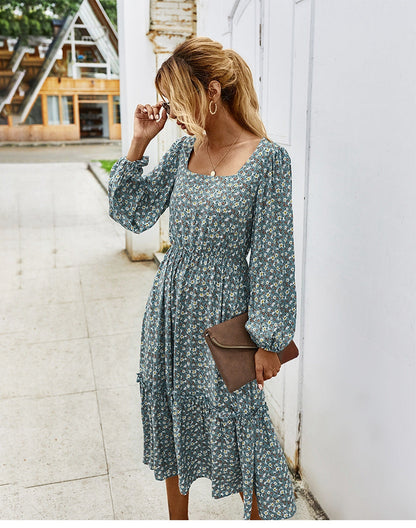 flowersverse Retro Ladies Square Collar Floral Long Dress Autumn Winter Women High Waist Full Sleeve Elegant Chic Dress