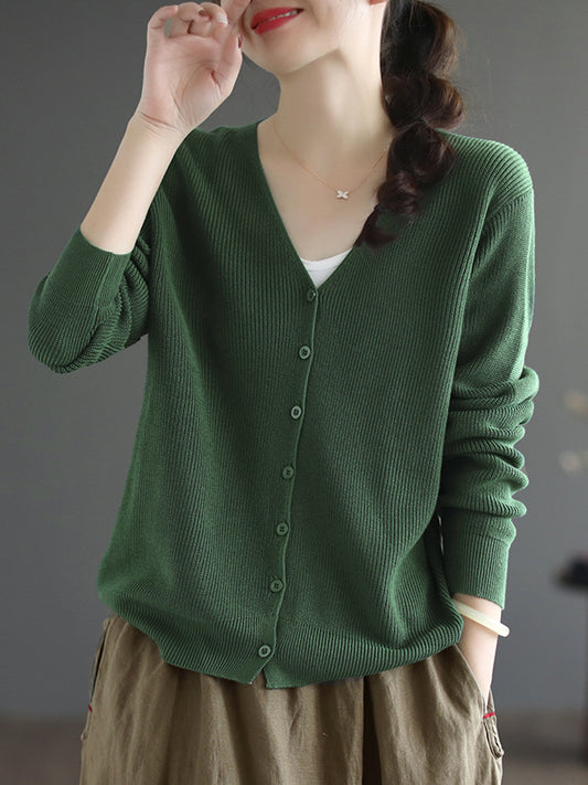 flowersverse Solid Color Long Sleeves Loose V-Neck Cardigan Tops