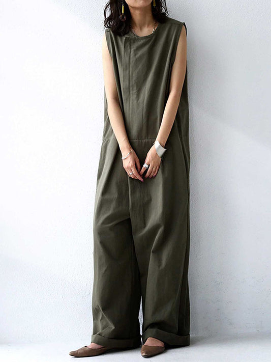 flowersverse Casual Solid Color Round-Neck Sleeveless Wide Leg Jumpsuits