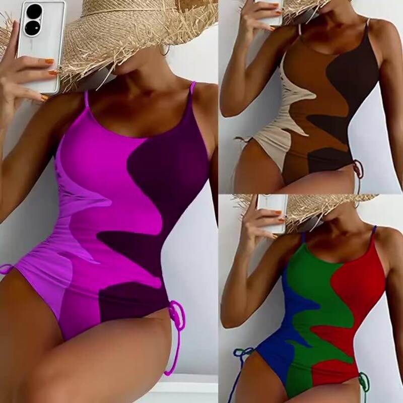 flowersverse Women's Swimwear One Piece Normal Swimsuit Printing Color Block Blue Purple Brown Green Bodysuit Bathing Suits Sports Summer