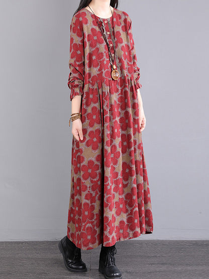 flowersverse Casual Long Sleeves Loose Floral Printed Round-Neck Midi Dresses